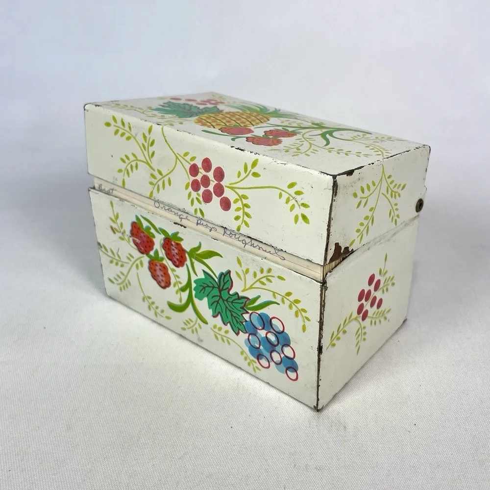 Vintage‎ J Chein USA Metal Recipe Box w Recipe Cards Fruit Floral Tin